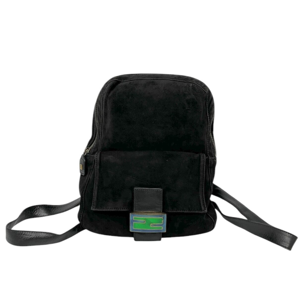 FENDI Vintage FF Logo Backpack Zip Black Green Suede Leather Front Pocket