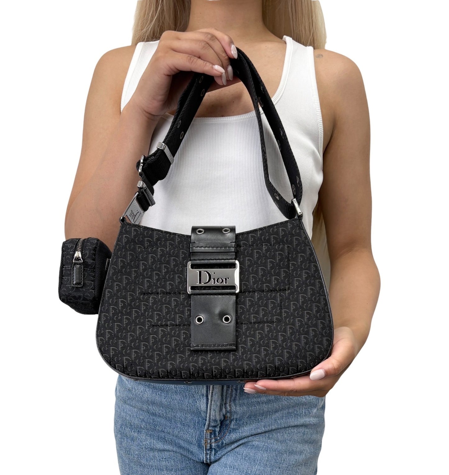 Christian Dior Vintage Street Chic Trotter Monogram Shoulder Bag Black 902443