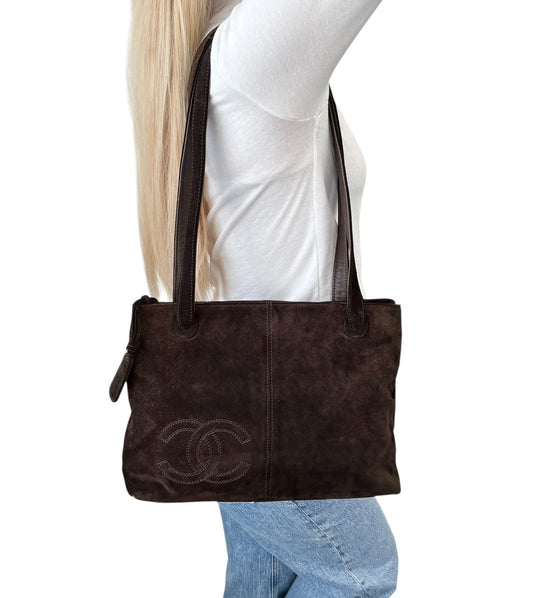 CHANEL Vintage Embroidered CC Logo Suede Tote Shoulder Bag Dark Brown Stitch