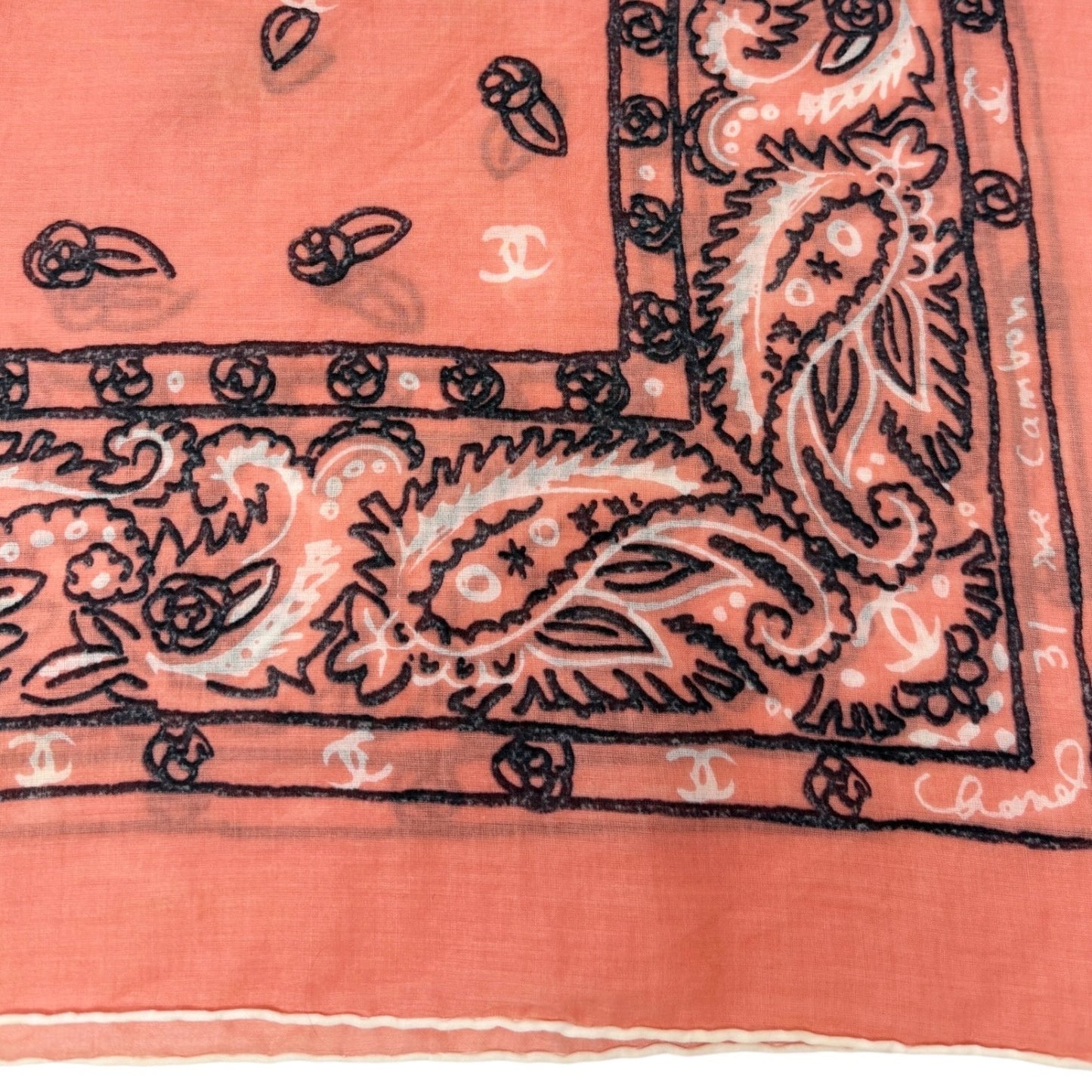 CHANEL Vintage CC Logo Paisely Print Scarf Salmon Pink Black Cotton 901810