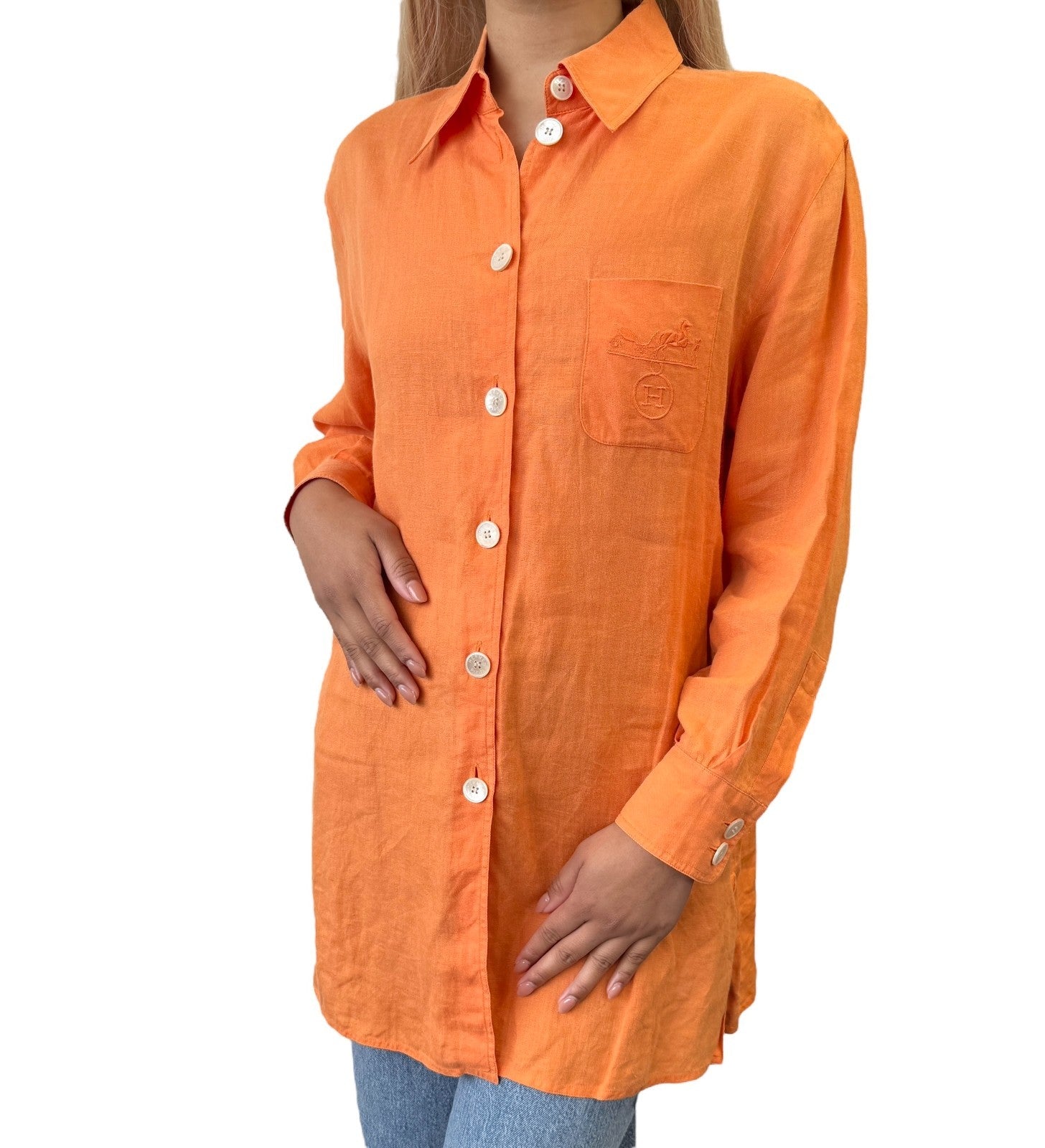 HERMES Vintage Button Up Shirt Top #36 Horse Carriage Embroidery Orange Linen