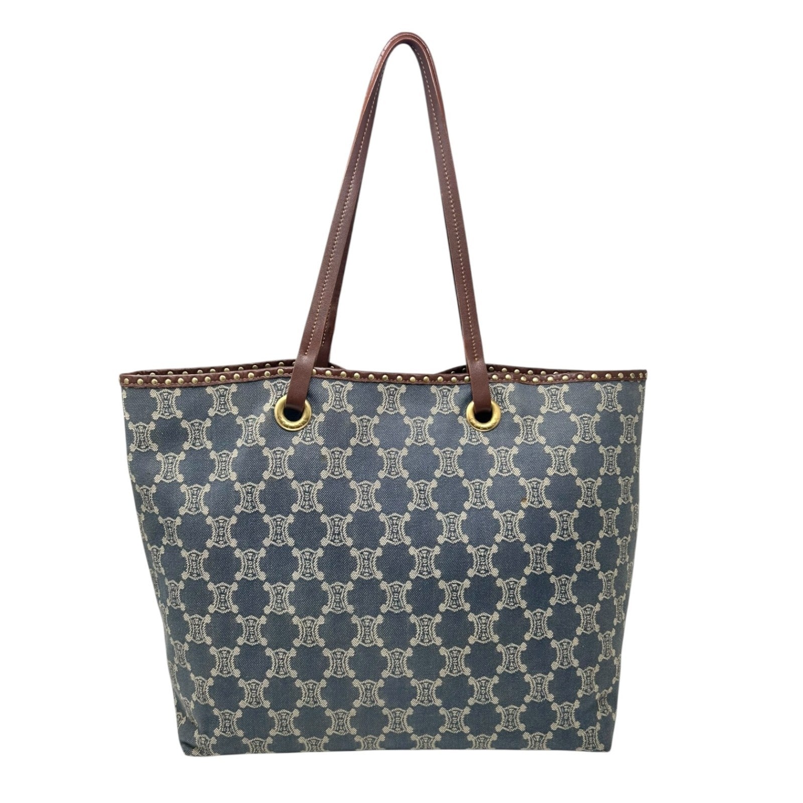 CELINE Vintage Macadam Monogram Logo Denim Tote Bag Blue Gold Cotton Leather