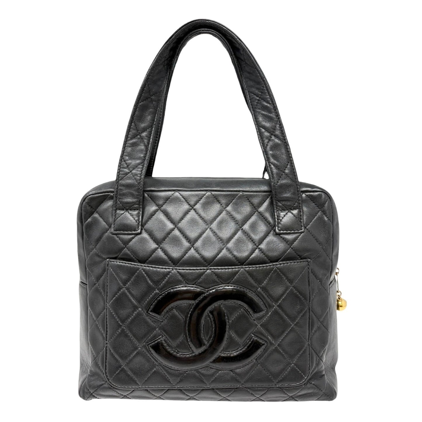 CHANEL Vintage Bic CC Logo Quilted Leather Hand Tote Bag Black Gold 902274
