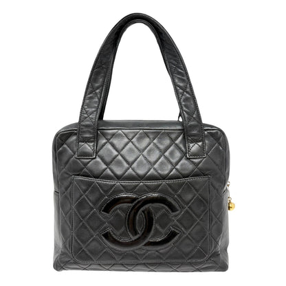 CHANEL Vintage Bic CC Logo Quilted Leather Hand Tote Bag Black Gold 902274