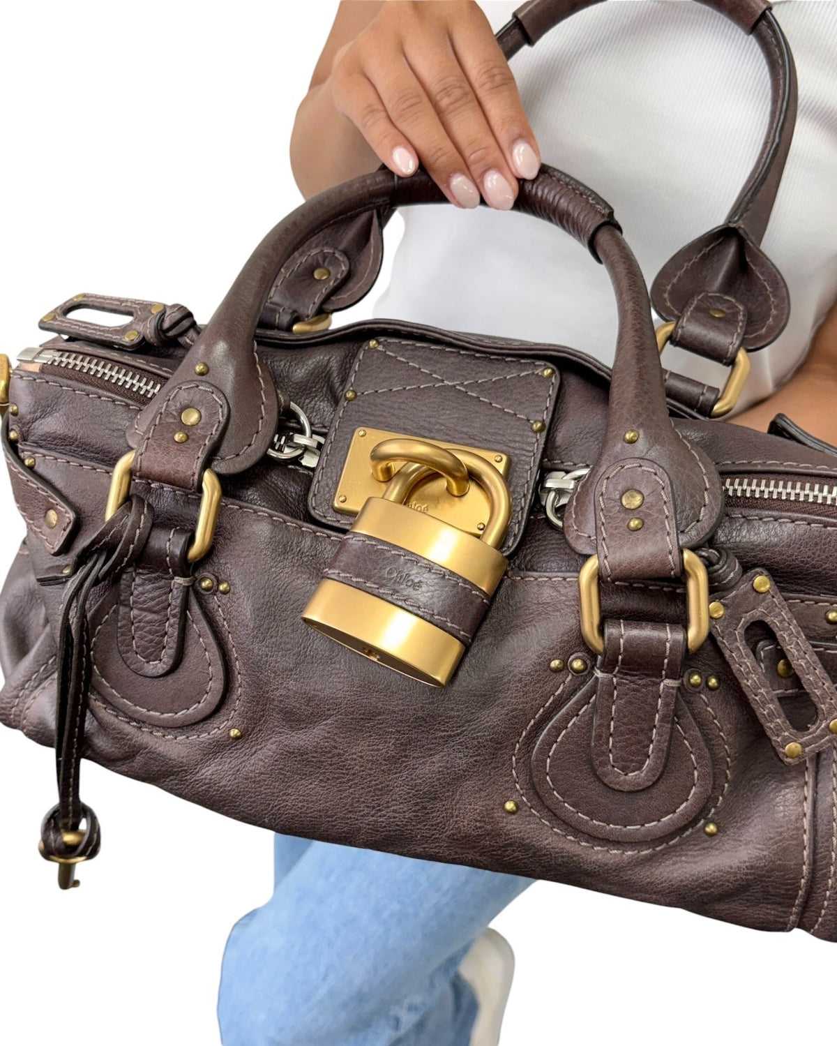 Chloe Vintage Paddington Padlock Key Boston Bag Leather Brown Gold 902317