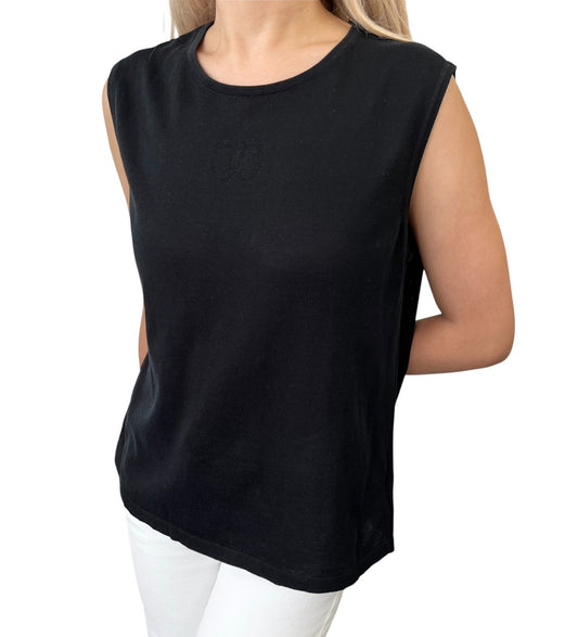 CHANEL Vintage 06P CC Logo Knit Tank Top #42 Pullover Black Cotton