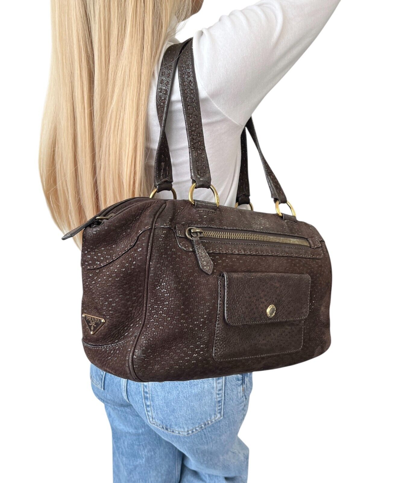 PRADA Vintage Logo Shoulder Bag Tote Bag Stitch Pocket Brown Gold Leather