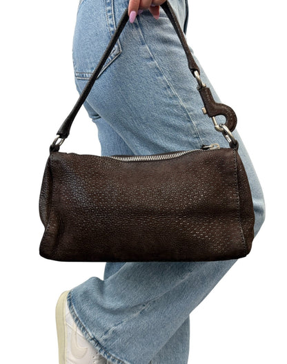 PRADA Vintage Triangle Logo One Shoulder Bag Textured Suede Brown Leather 902350