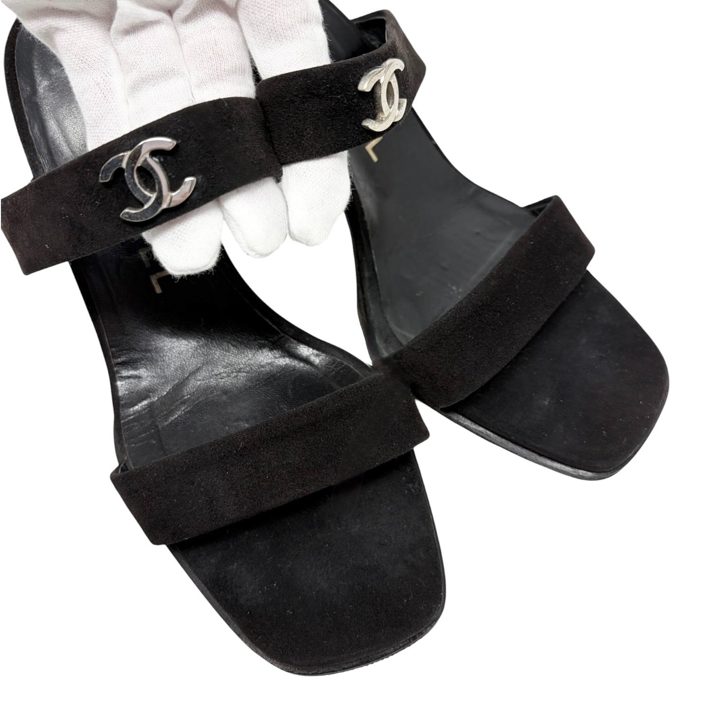 CHANEL Vintage CC Logo Slide Sandals Heels #36.5 Black Silver Suede 901840