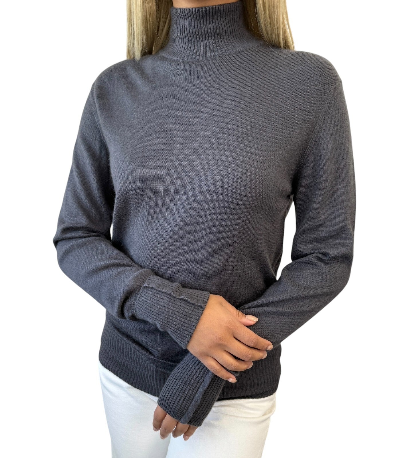 CHANEL Vintage CC Logo Turtleneck Sweater Top #36 Gray Gold Button Wool RankAB+