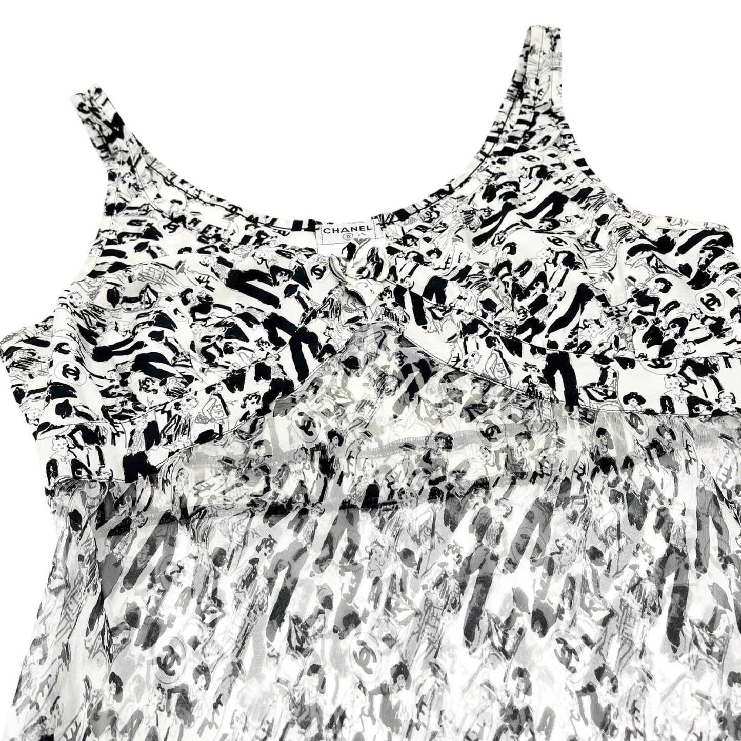 CHANEL Vintage 03P CC Logo Lace Tunic Top #38 Button Frill White Black Silk