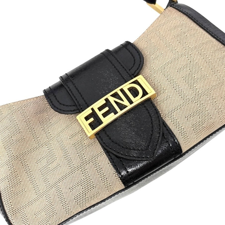 FENDI Vintage FF Logo Zucca Monogram Shoulder Bag Beige Black Canvas 902308