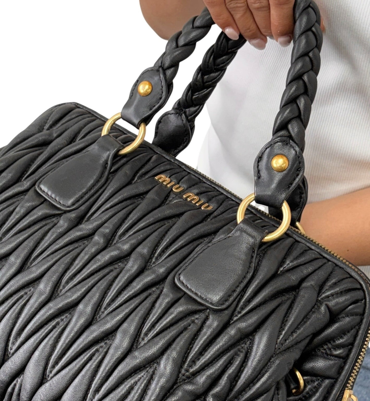 Miu Miu Vintage Quilted Tote Top Handle Bag Black Gold Leather Zip 902310
