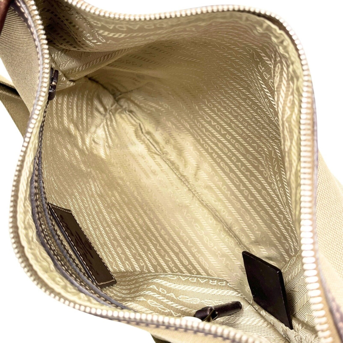 PRADA Vintage Logo Crossbody Shoulder Bag Zip Beige Brown Silver Canvas Leather