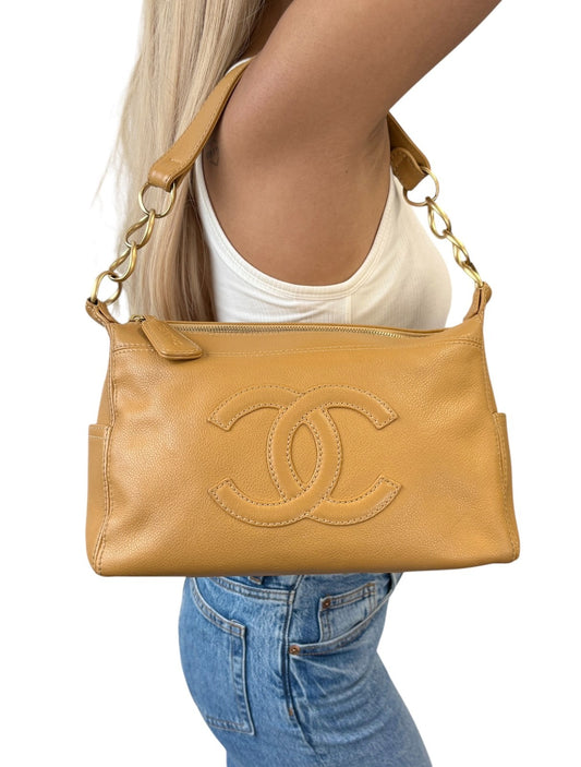 CHANEL Vintage Big CC Logo Leather Shoulder Hobo Bag Beige Gold Stitch Chain