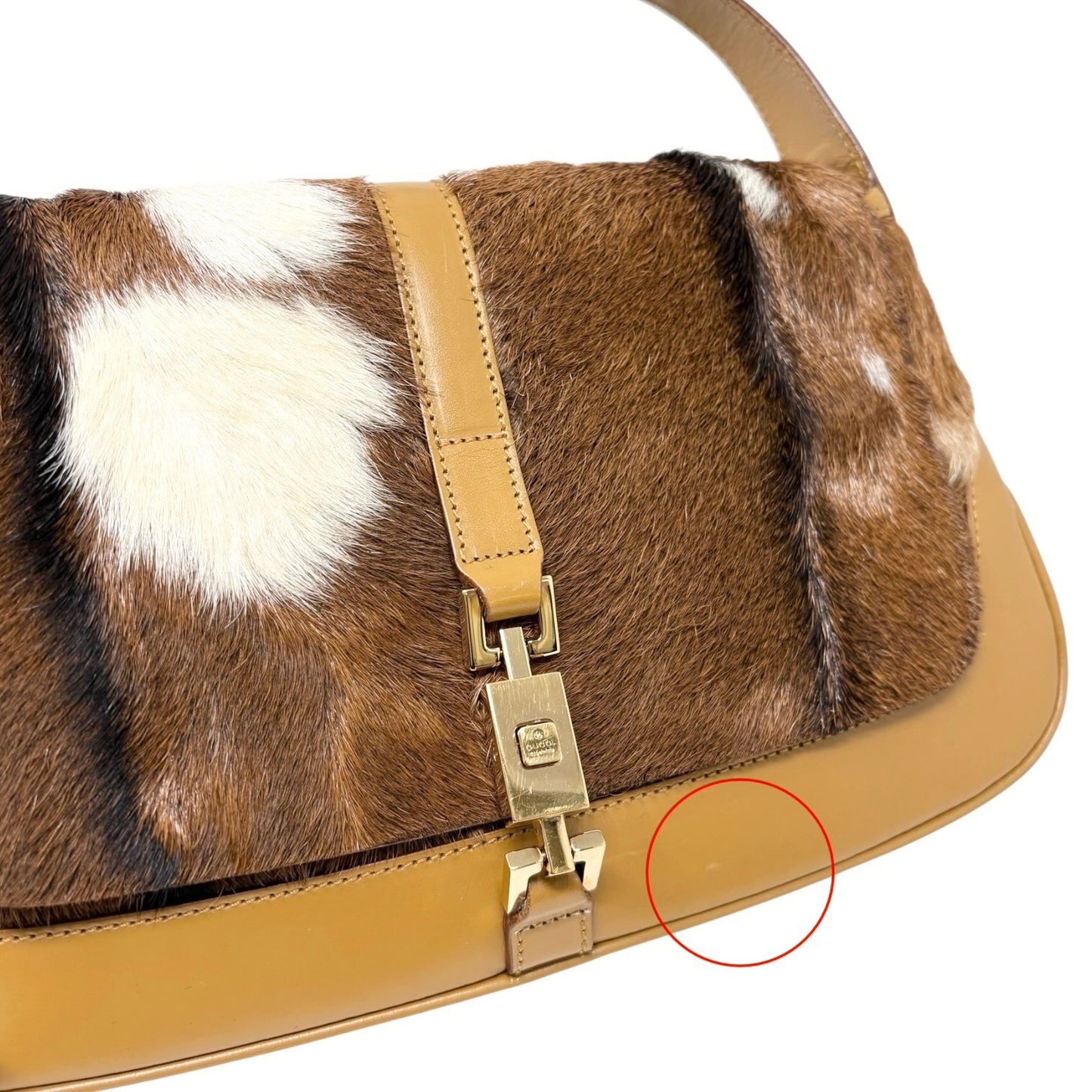 GUCCI Vintage Jackie Cow Pony Calf Hair Shoulder Bag Brown Camel Leather