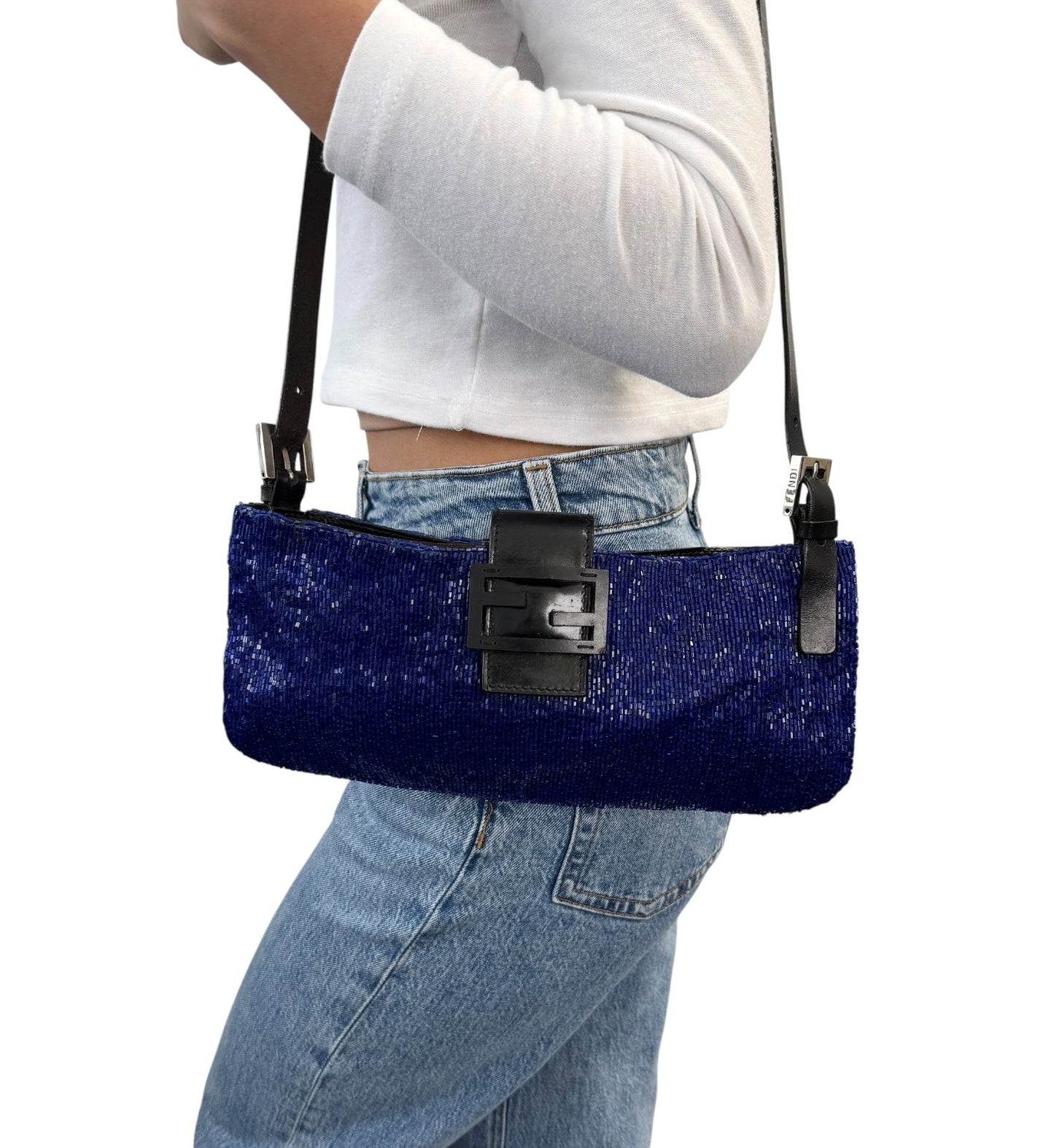 FENDI Vintage FF Logo Beads Mamma Baguette Crossbody Shoulder Bag Blue Black