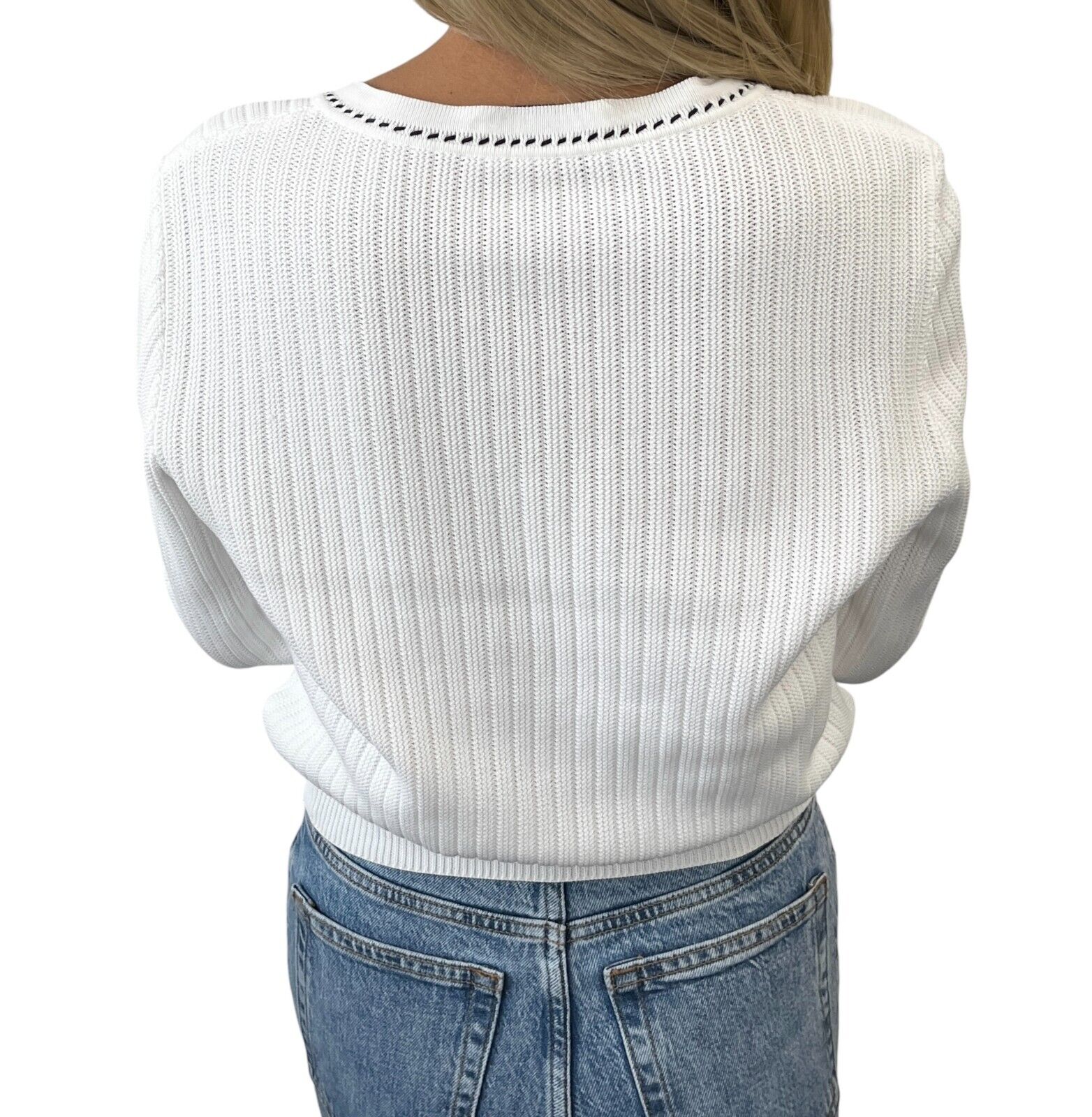 CHANEL Vintage 96P CC Logo Rib Knit Cardigan #38 Top Stitch White Black Cotton