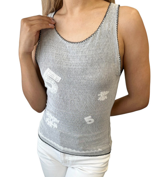 CHANEL Vintage 04P CC Logo Mesh See-through Tank Top #38 Gray White Cotton