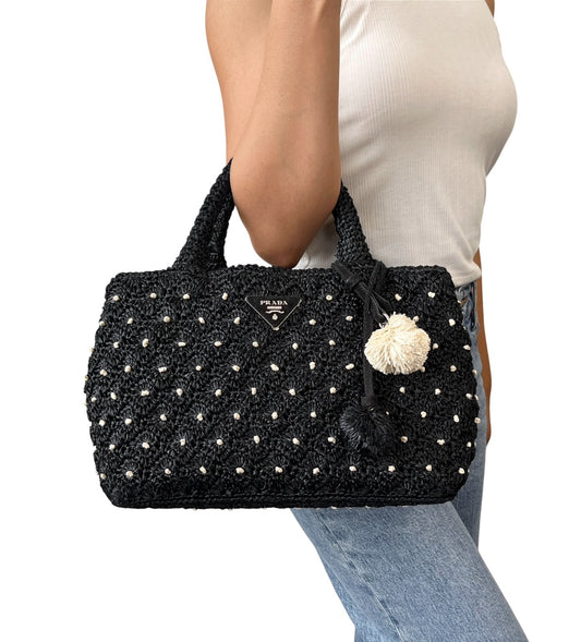 PRADA Vintage Triangle Logo Dot Raffia Canapa Tote Bag Black Crochet 902050