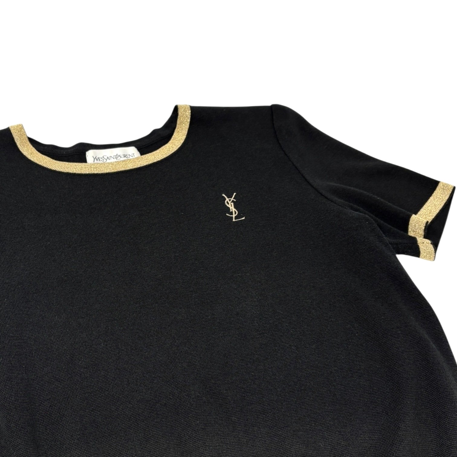 Yves Saint Laurent Vintage YSL Logo Knit T-shirt Top #M Black Gold Cotton