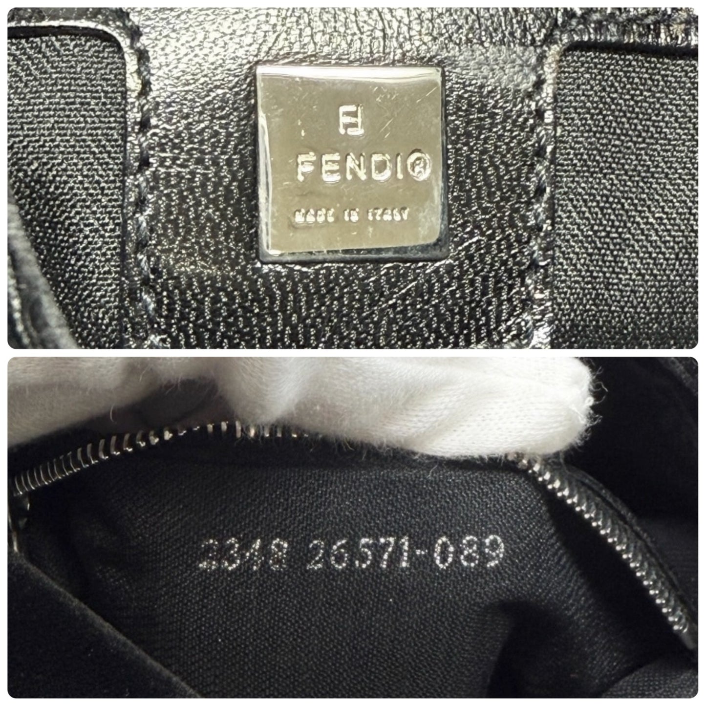 FENDI Vintage FF Logo Mamma Baguette Shoulder Bag Black Silver Velour 902207