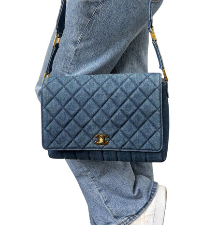 CHANEL Vintage CC Logo Quilted Denim Flap Shoulder Bag Blue Gold 901873