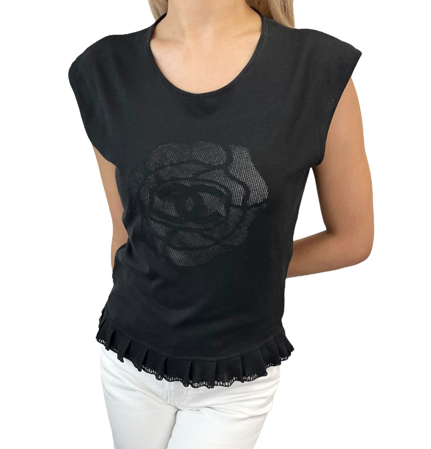 CHANEL Vintage 01P CC Camellia Logo Knit Sleeveless Top #38 Black Cotton Flower