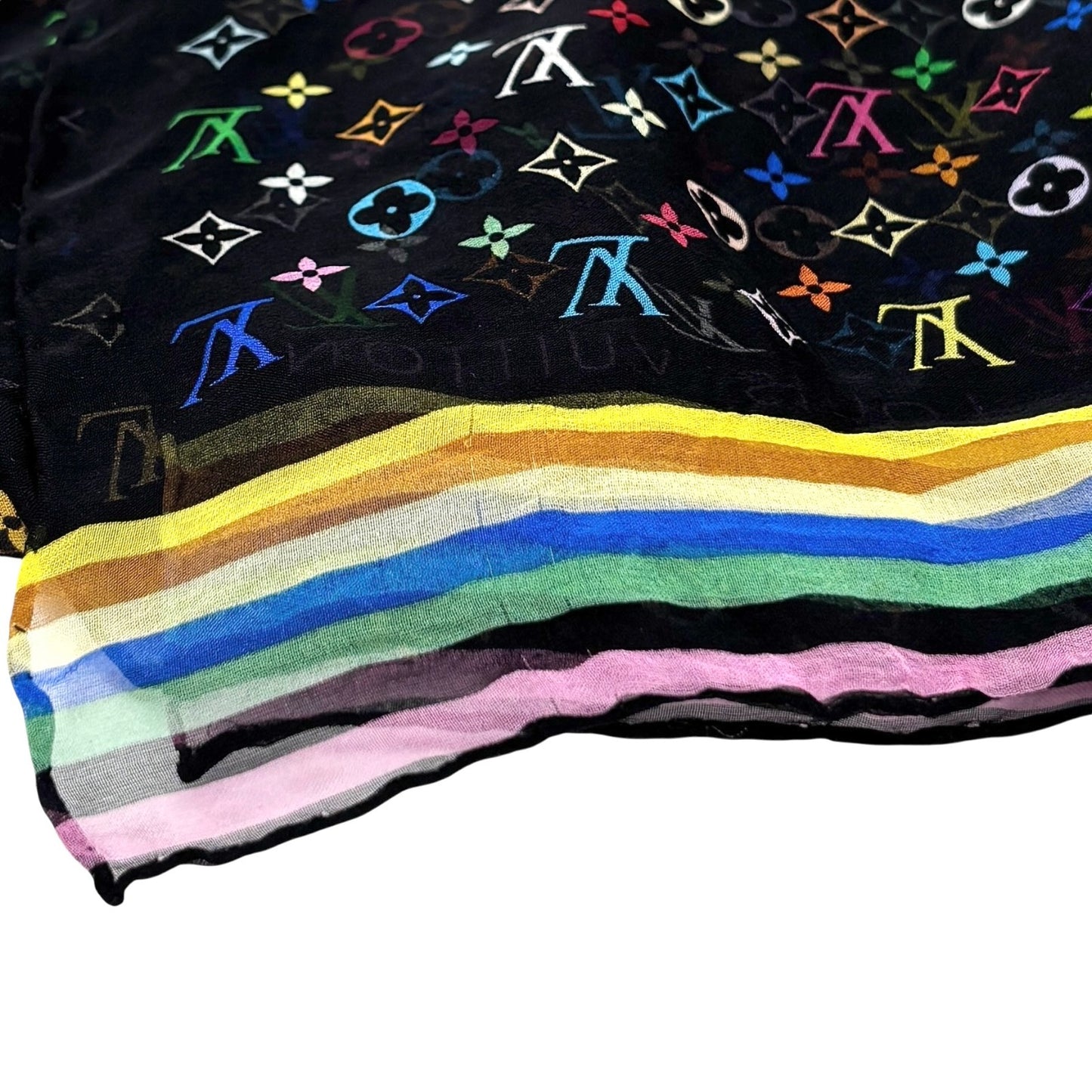 LOUIS VUITTON Vintage LV Multicolor Monogram See-through Scarf Wrap Black Silk