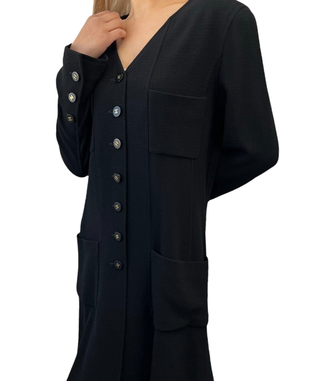 CHANEL Vintage 94A CC Logo Long Sleeve Dress #42 One-piece Black Wool Button