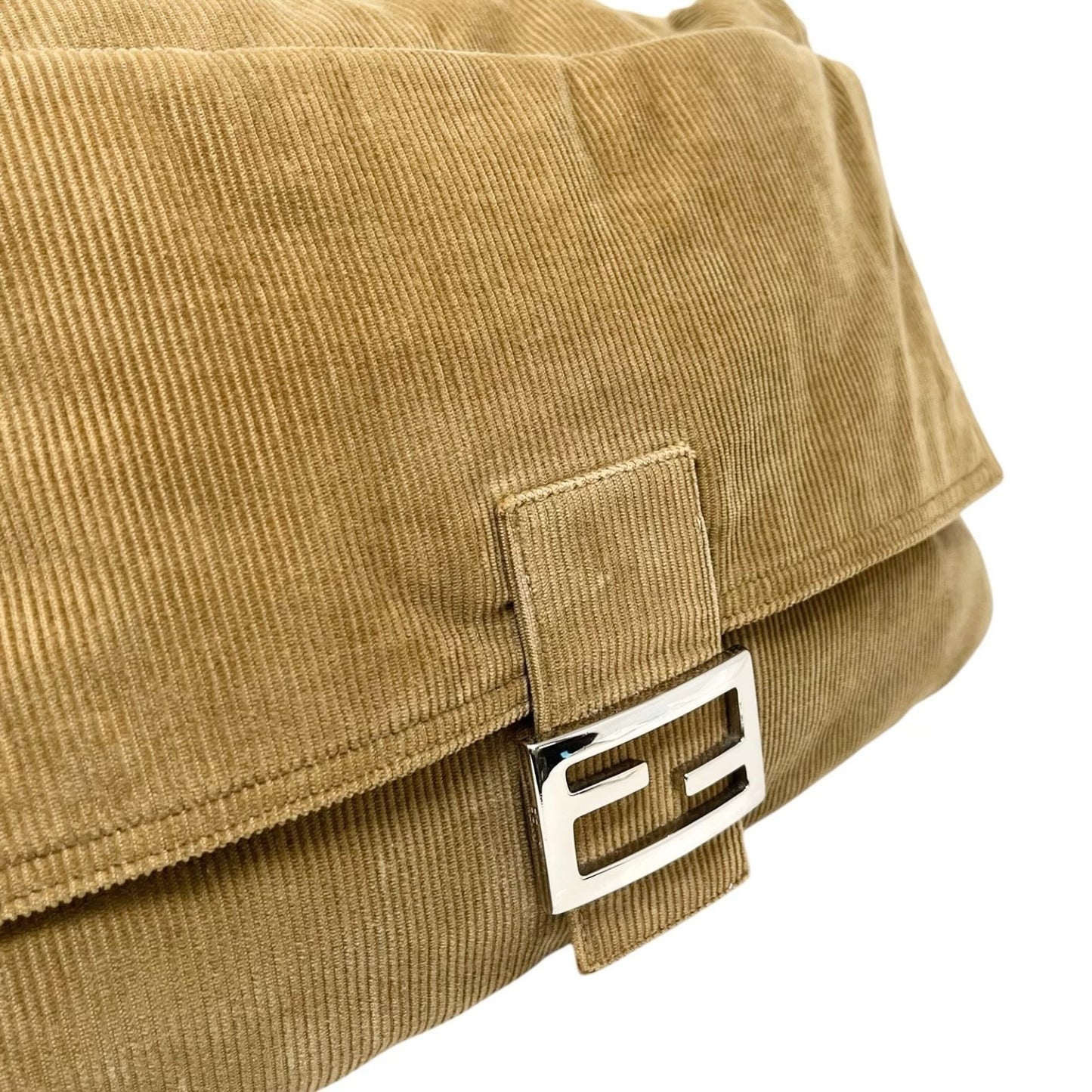 FENDI Vintage FF Logo Mamma Baguette Corduroy Shoulder Bag Beige Silver