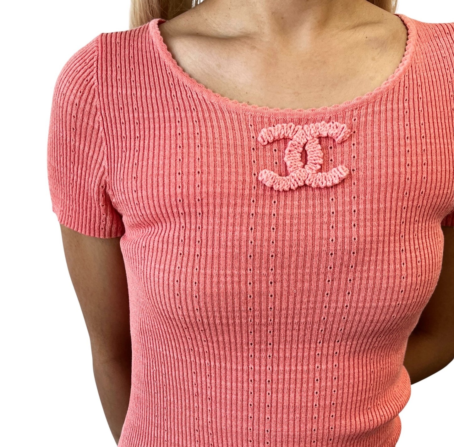 CHANEL Vintage 09P CC Logo Rib Knit T-shirt Top #40 Orange Cotton 902267