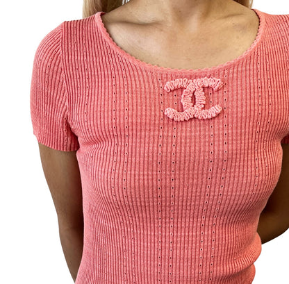 CHANEL Vintage 09P CC Logo Rib Knit T-shirt Top #40 Orange Cotton 902267