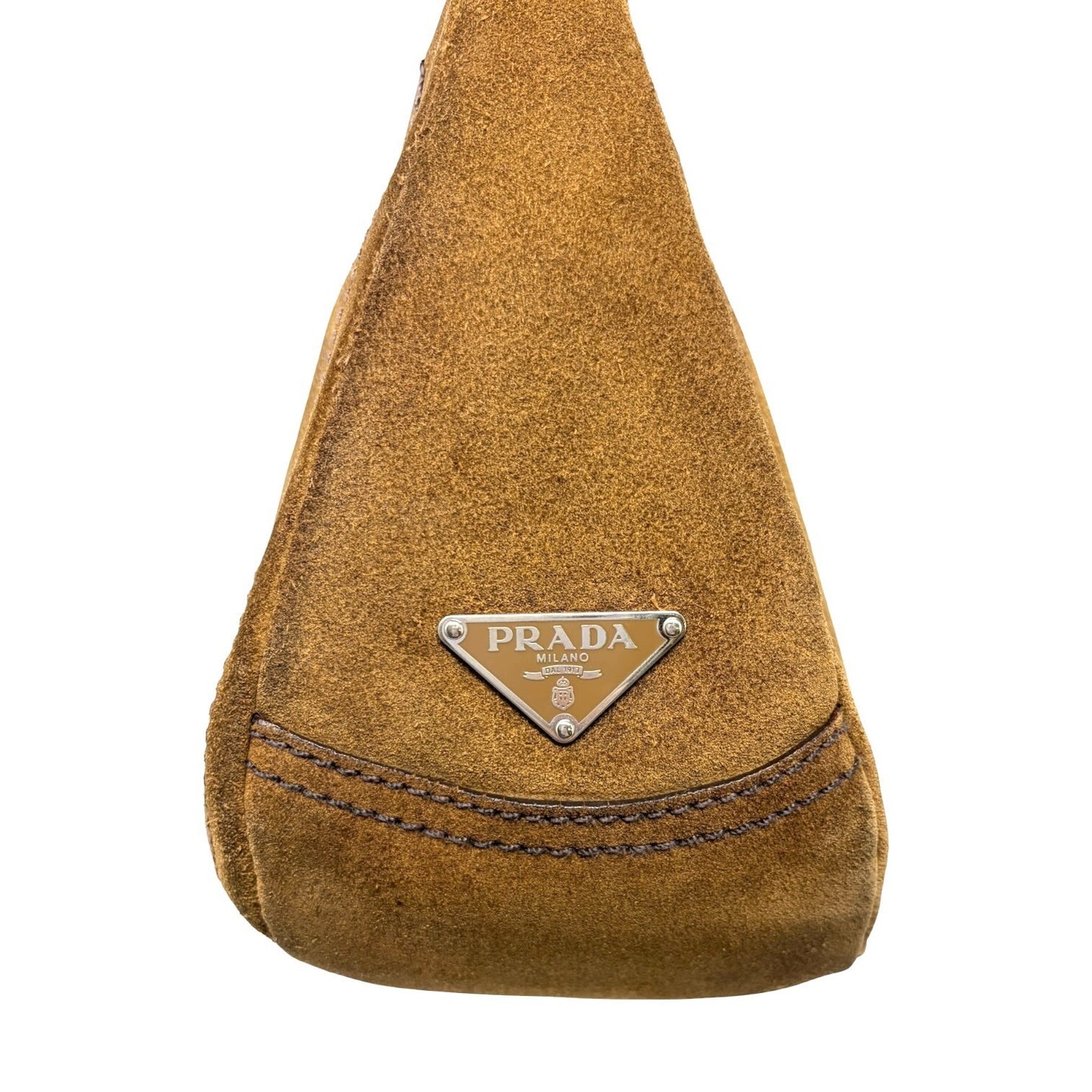 PRADA Triangle Logo Shoulder Hobo Suede Bag Brown Silver Leather Zip 902299