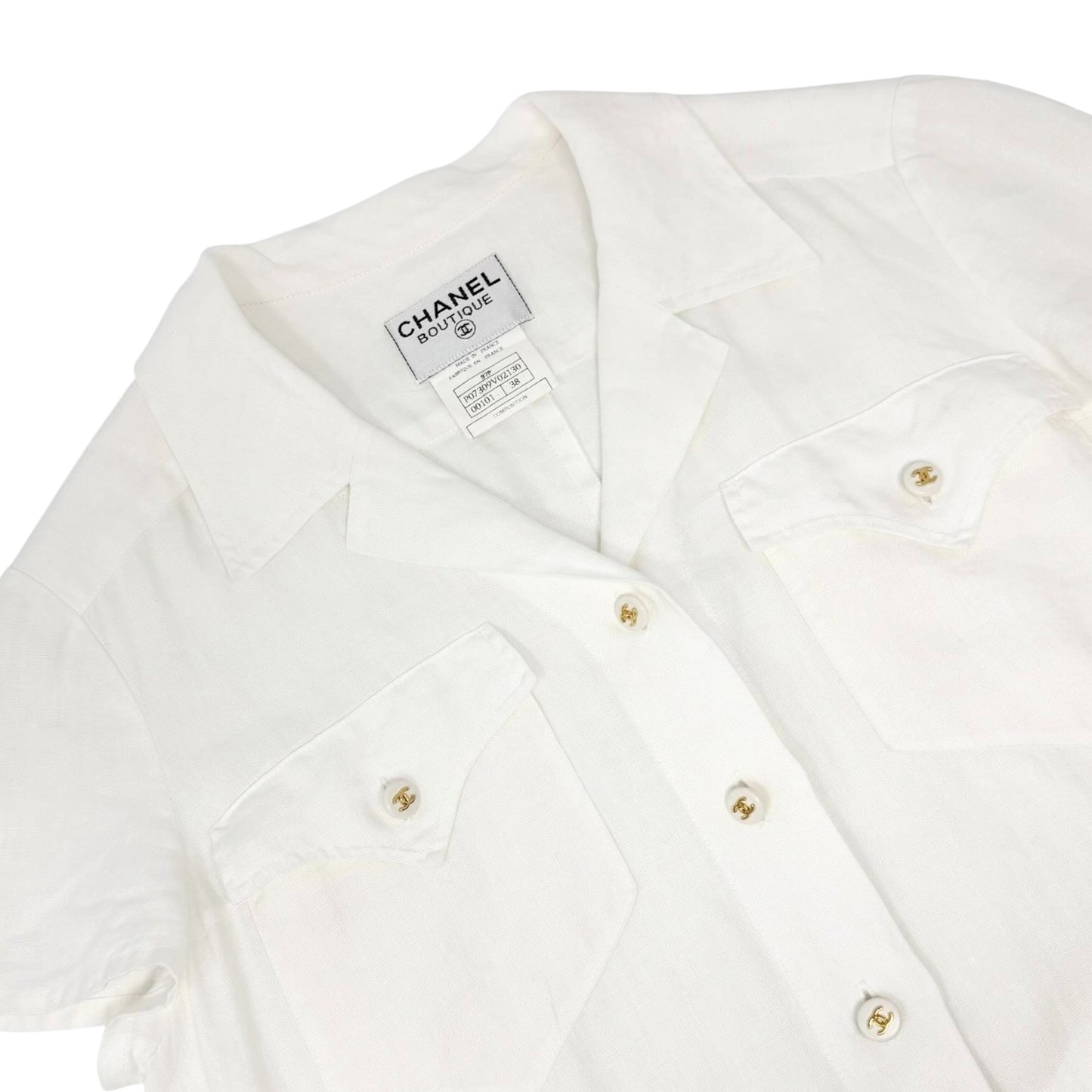 CHANEL Vintage 97P CC Logo Button Linen Shirt Dress One-piece #38 White