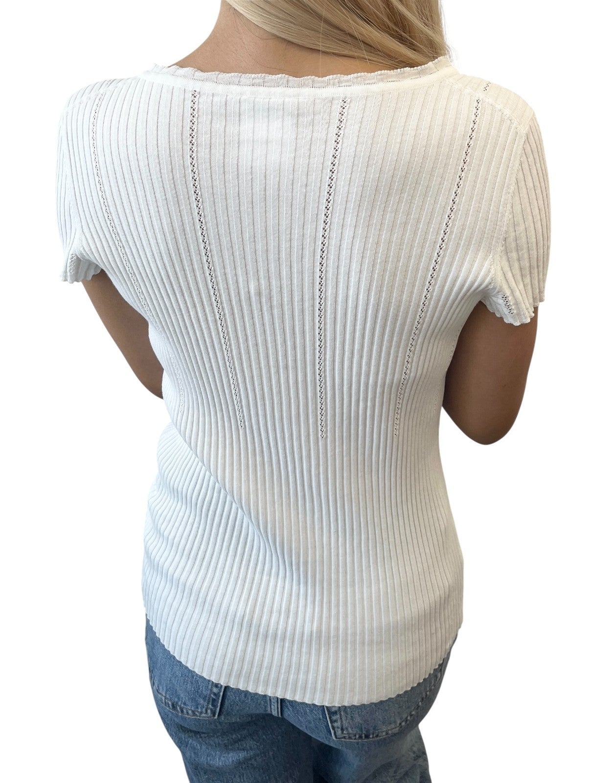 CHANEL Vintage 08P CC Mark Logo Rib Knit T-shirt Top #38 White Gray Cotton