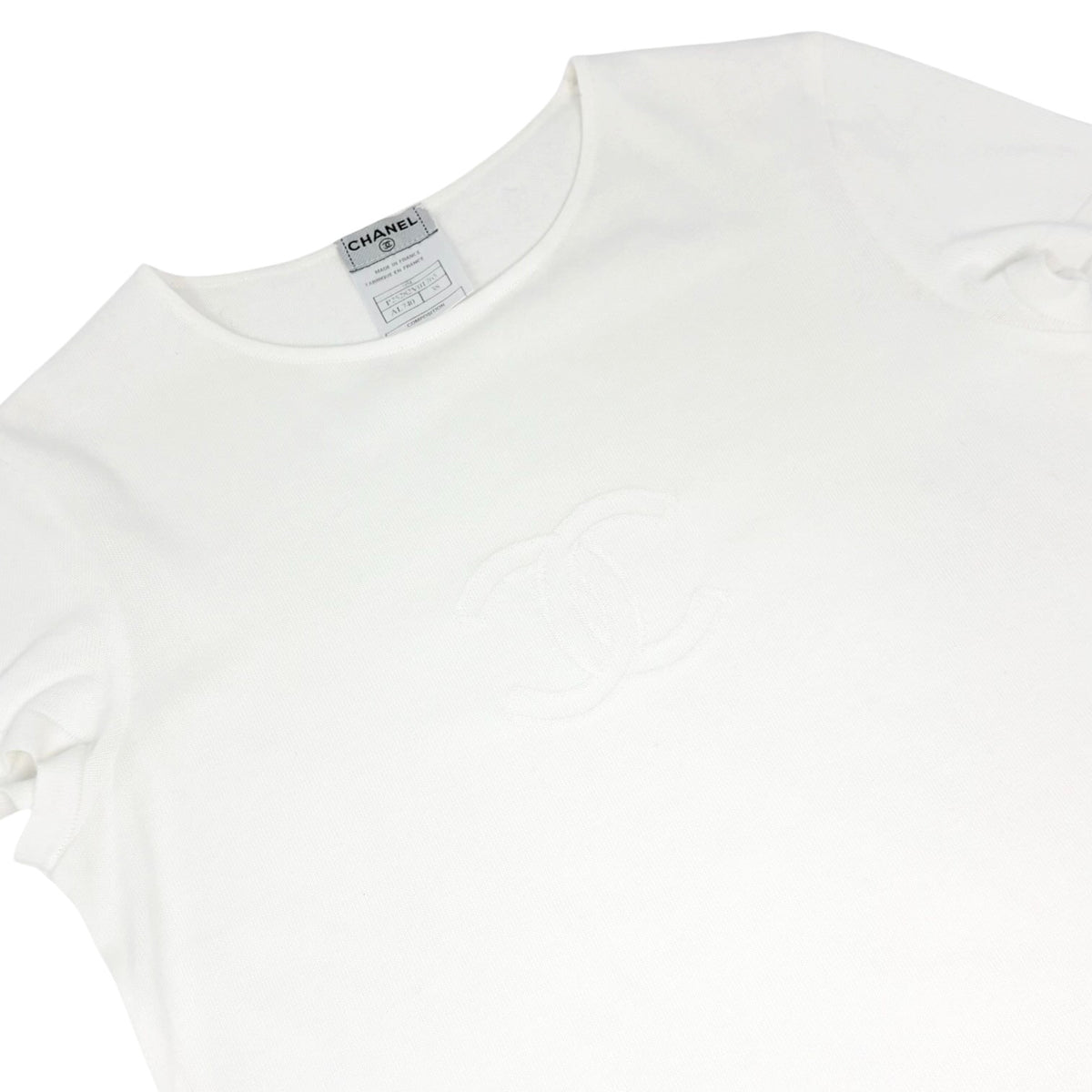 CHANEL Vintage 05C CC Logo Knit T-shirt Top #38 White Short Sleeve 902424