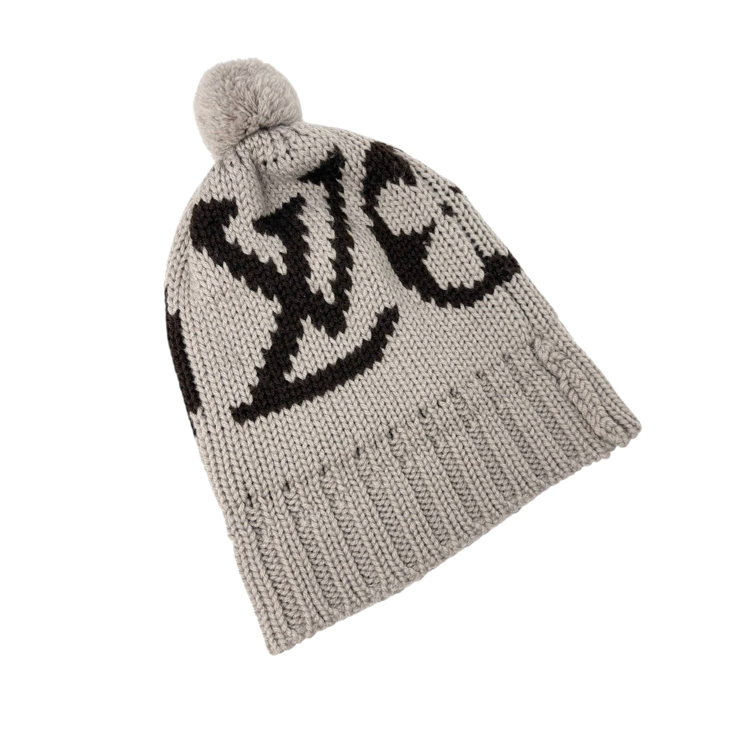 LOUIS VUITTON Vintage Knit Cap Beanie Hat Gray Brown Pompon LV Logo Wool