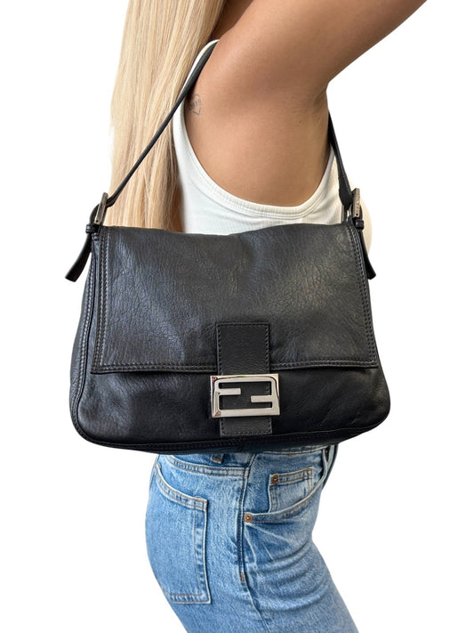 FENDI Vintage FF Logo Mamma Baguette Shoulder Bag Black Leather Silver