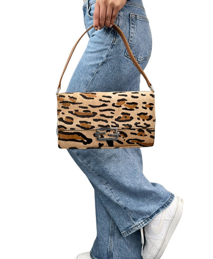 FENDI Vintage Mamma Baguette Leopard Shoulder Bag Brown Pony Calf Hair 902353