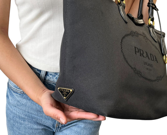 PRADA Vintage Milano Jacquard Logo Canvas Shoulder Tote Large Bag Black 902242