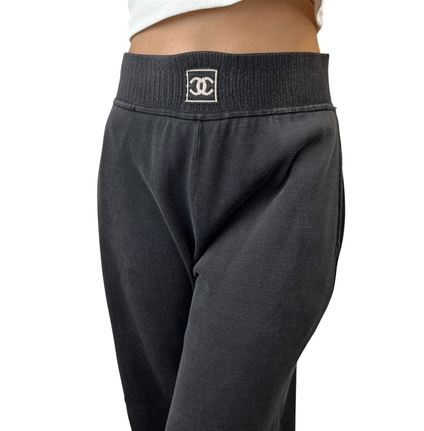 CHANEL Sport Vintage 03A CC Logo Wide Sweat Pants #42 Gray White Cotton 902069