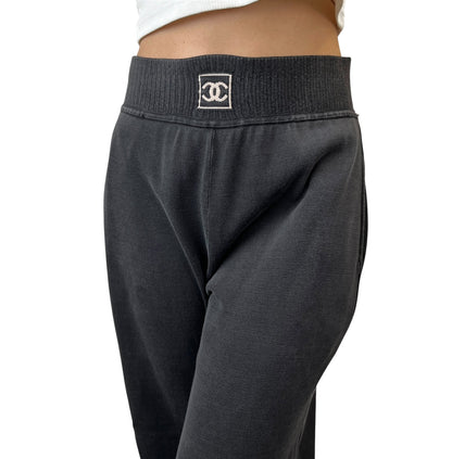 CHANEL Sport Vintage 03A CC Logo Wide Sweat Pants #42 Gray White Cotton 902069
