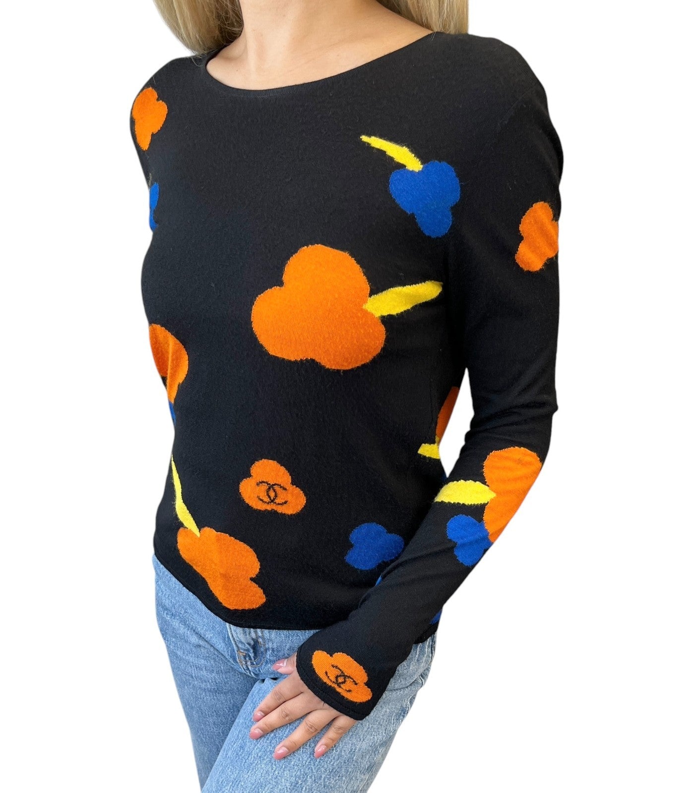 CHANEL Vintage 00T CC Camelia Logo Knit Sweater #42 Black Orange Blue Viscose
