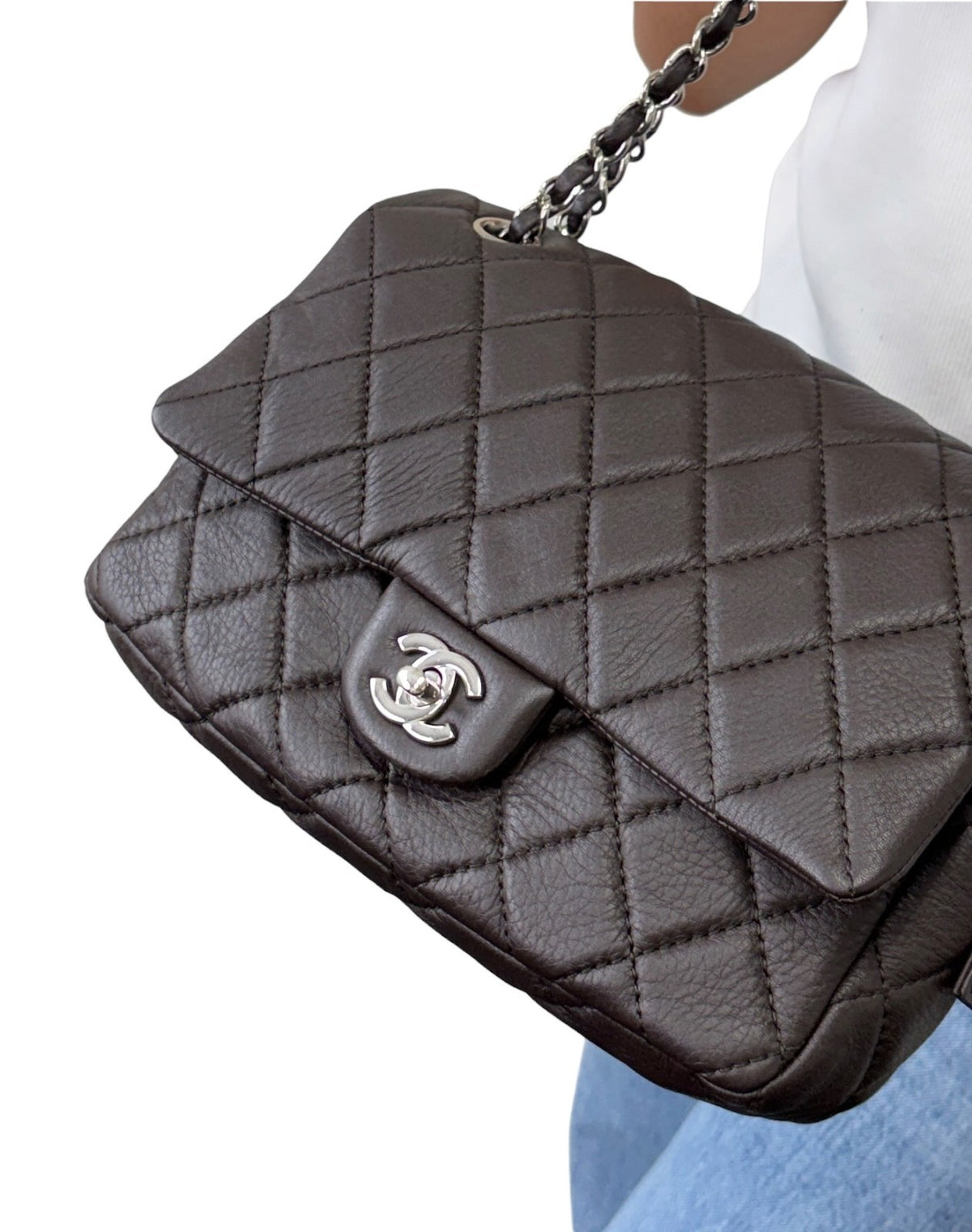 CHANEL Vintage CC Logo Quilted Chain 2way Bag Dark Brown Leather 902478