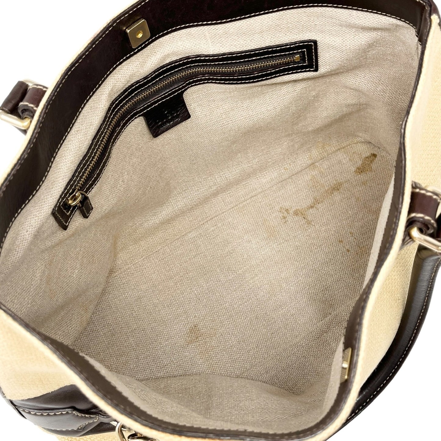 GUCCI Vintage Horsebit Shoulder Tote Bag Beige Brown Silver Cotton Leather
