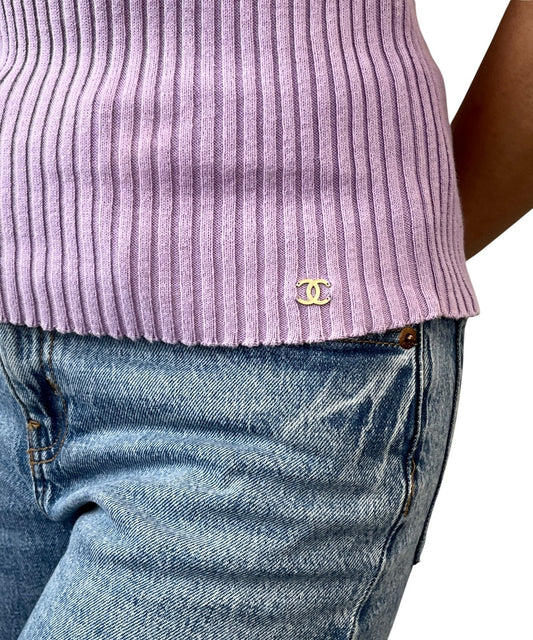 CHANEL Vintage 01C CC Gold Ring Knit Ribed Tank Camisole Top #40 Purple 902084