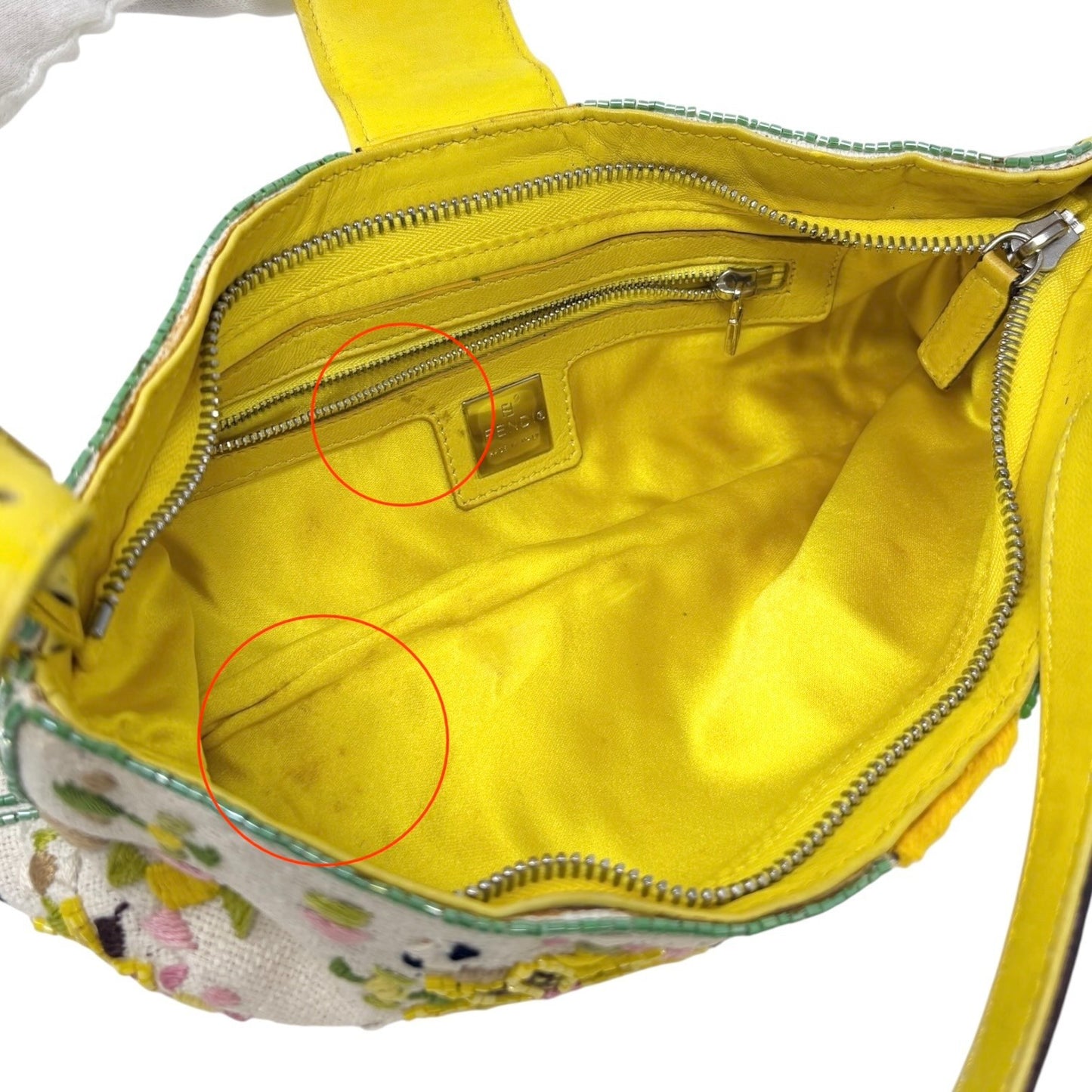 FENDI Vintage FF Beads Mamma Baguette Crossbody Bag Flower Embroidery Yellow