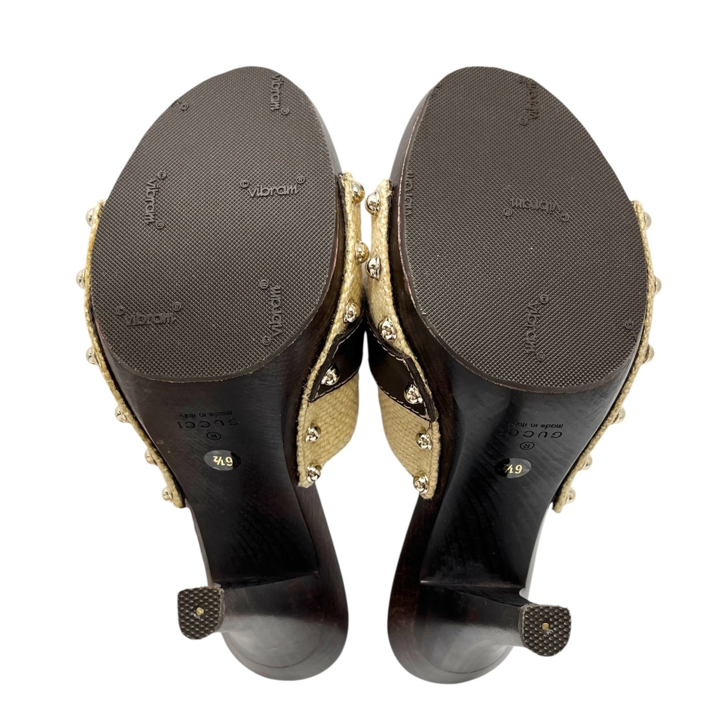 GUCCI Vintage Logo Horsebit Sandals Heels #36.5 Beige Brown Silver Cotton Wood