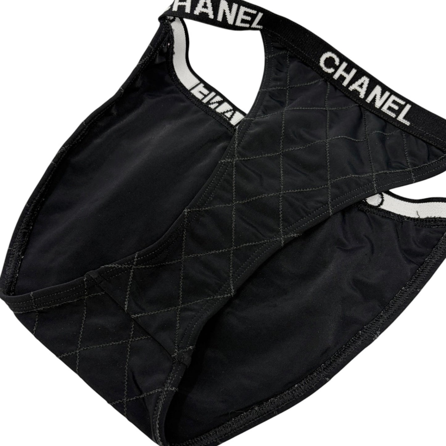 CHANEL Vintage CC Logo Swimsuit Swimwear Bikini Black White Nylon 106952
